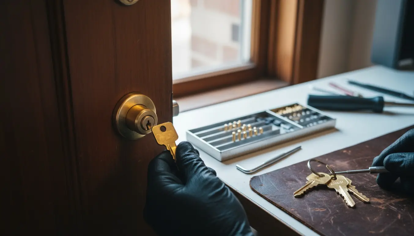Tæt foto af en ny låsecylinder i en trædør med en nøgle og små stifter på et arbejdsbord.