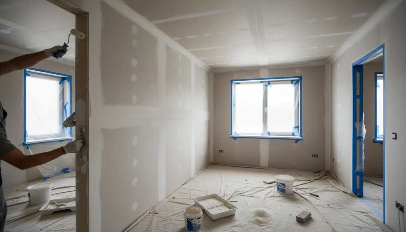 Værelse på ca. 20 m² med gipsvægge, malere i gang med spartling og maling, vindues- og dørkarme beskyttet med malertape.