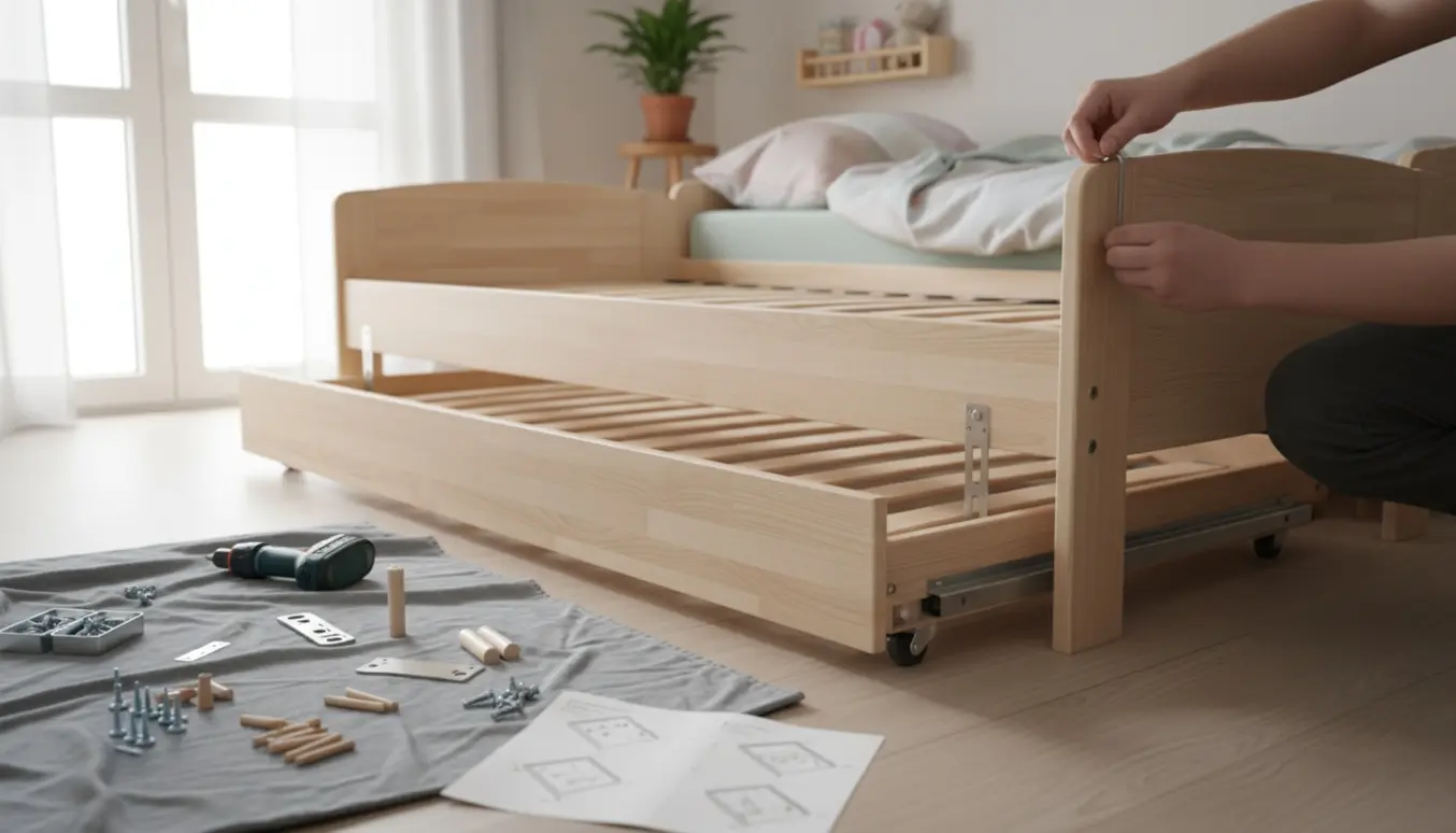 Hænder samler en lys træ junior-seng med udtræksseng i et lyst, skandinavisk børneværelse.