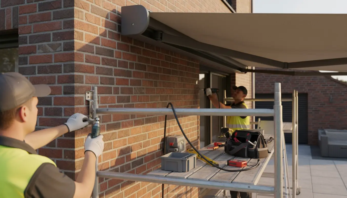 Motoriseret 6x3 m markise monteres på murstensvæg, håndværkere fastgør beslag og tilslutter el.