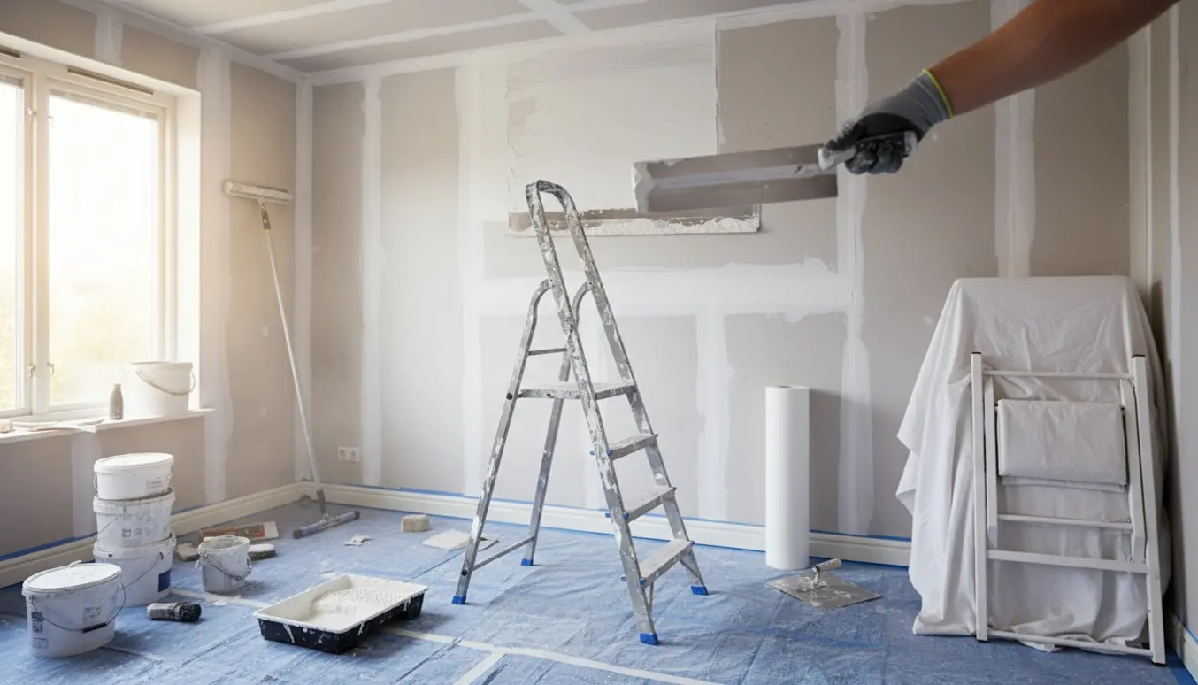 Værelse under renovering med spartlede gipsvægge, filt rulle og malerredskaber.