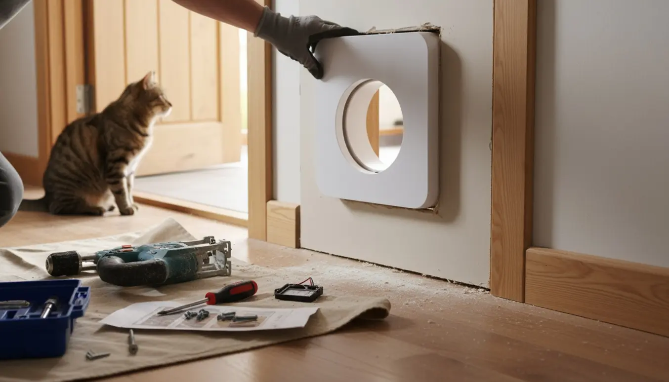 Installering af chipstyret kattelem ved døren i et træhus med gipsvæg.