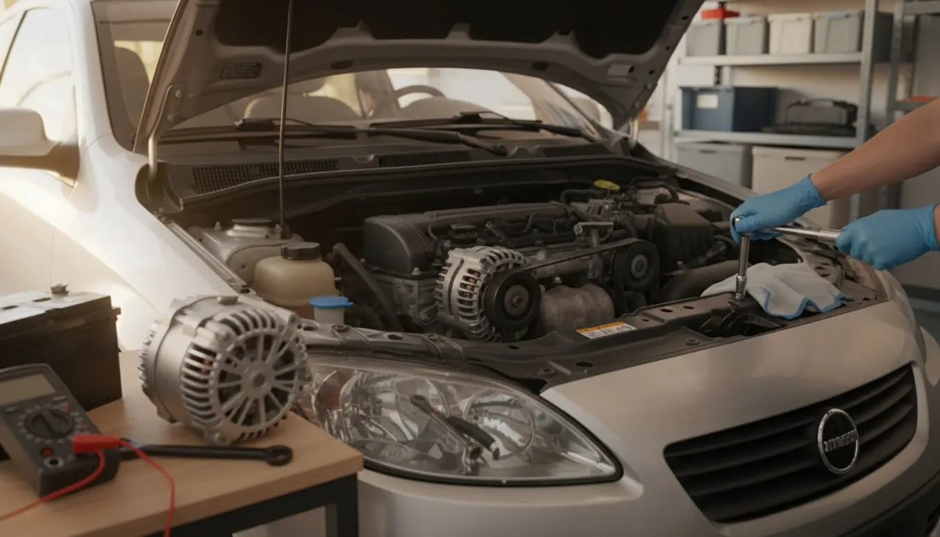 Nærbillede af motorhjelm hvor hænder arbejder på bilens generator med værktøj i en garage.