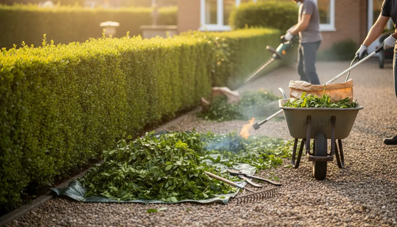 Havearbejde med hæktrimning og ukrudtsbrænding på en perlegrus-indkørsel, afklip samlet i en trillebør.