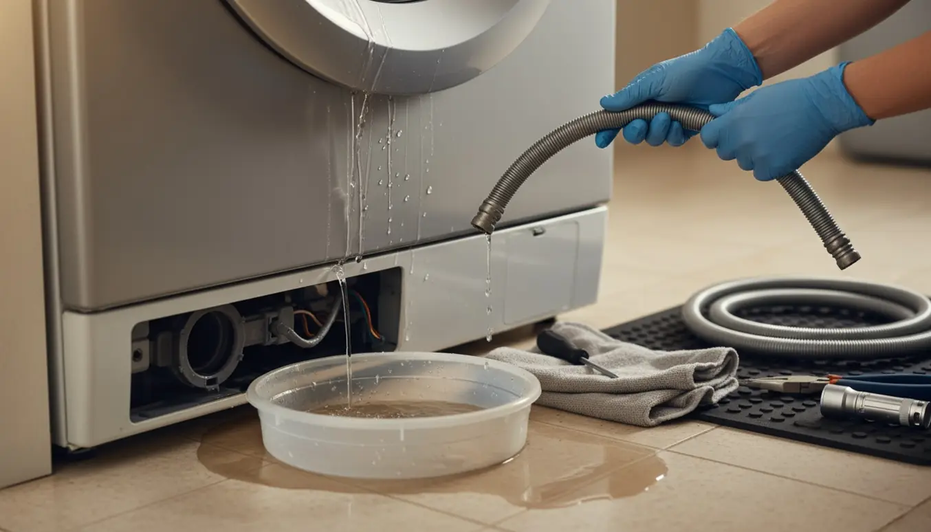 En vaskemaskine lækker vand ned langs siden til en skål på gulvet, mens handskerører hænder undersøger slanger og værktøj.