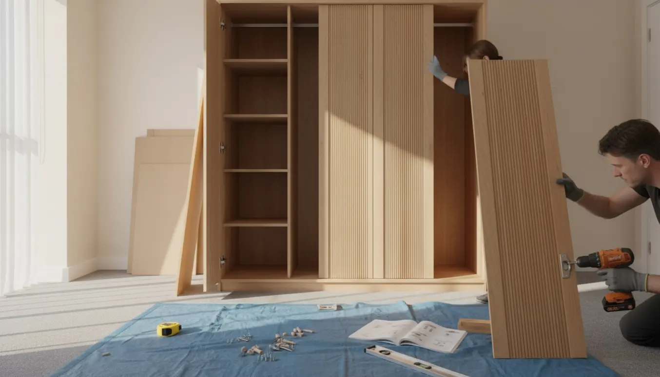 Halvfærdigt klædeskab i en lys stue, hænder bruger en skruemaskine blandt værktøj og dele.