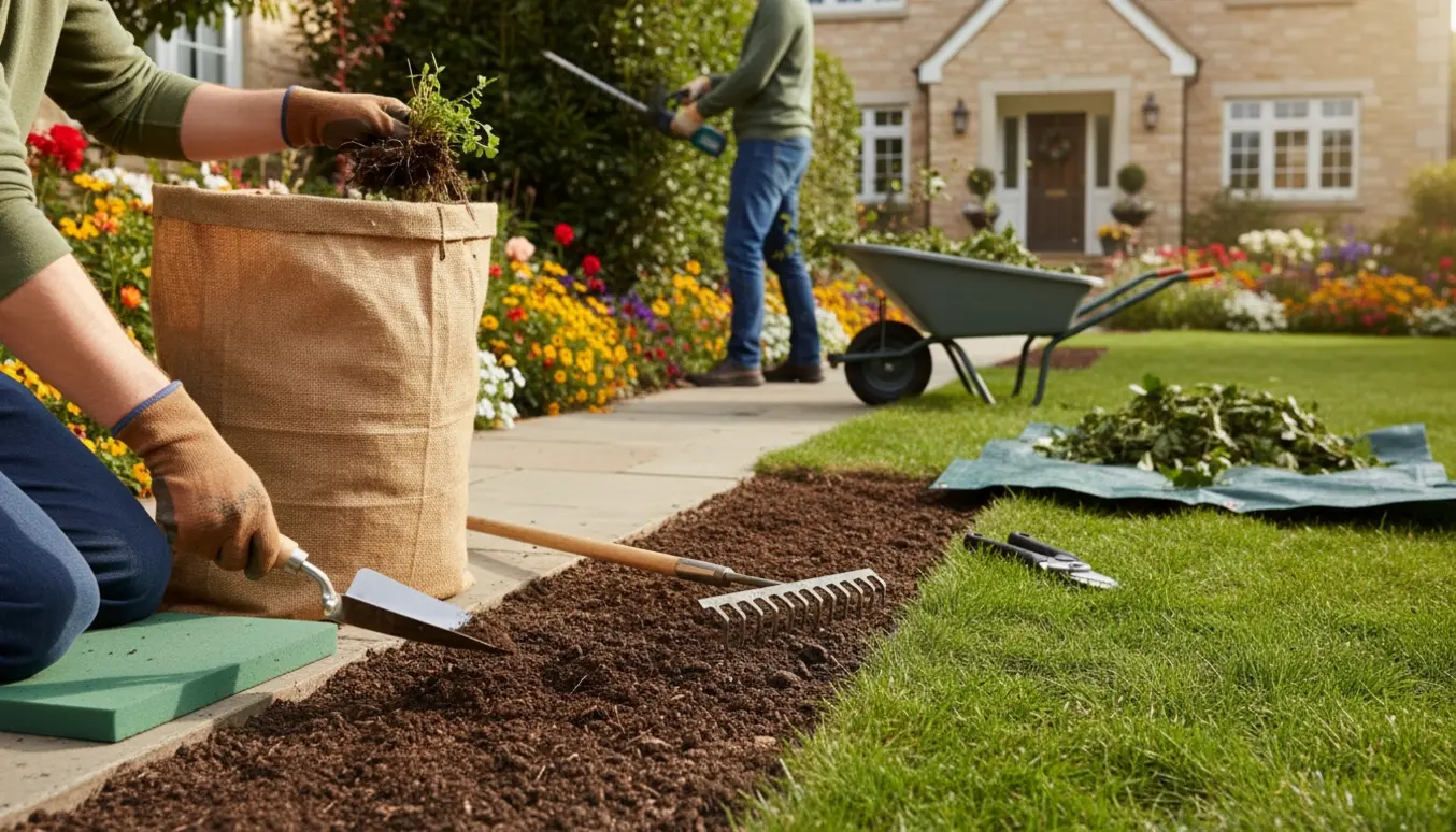 Havearbejde foran huset med ukrudtsrensning ved fortovet og hæk, der bliver klippet.