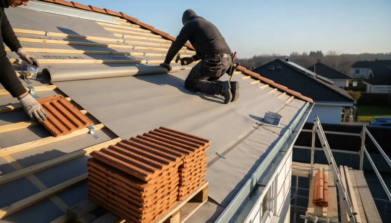 Nyt undertag og tagsten bliver lagt på et skrånende tag, håndværker med ryggen til.