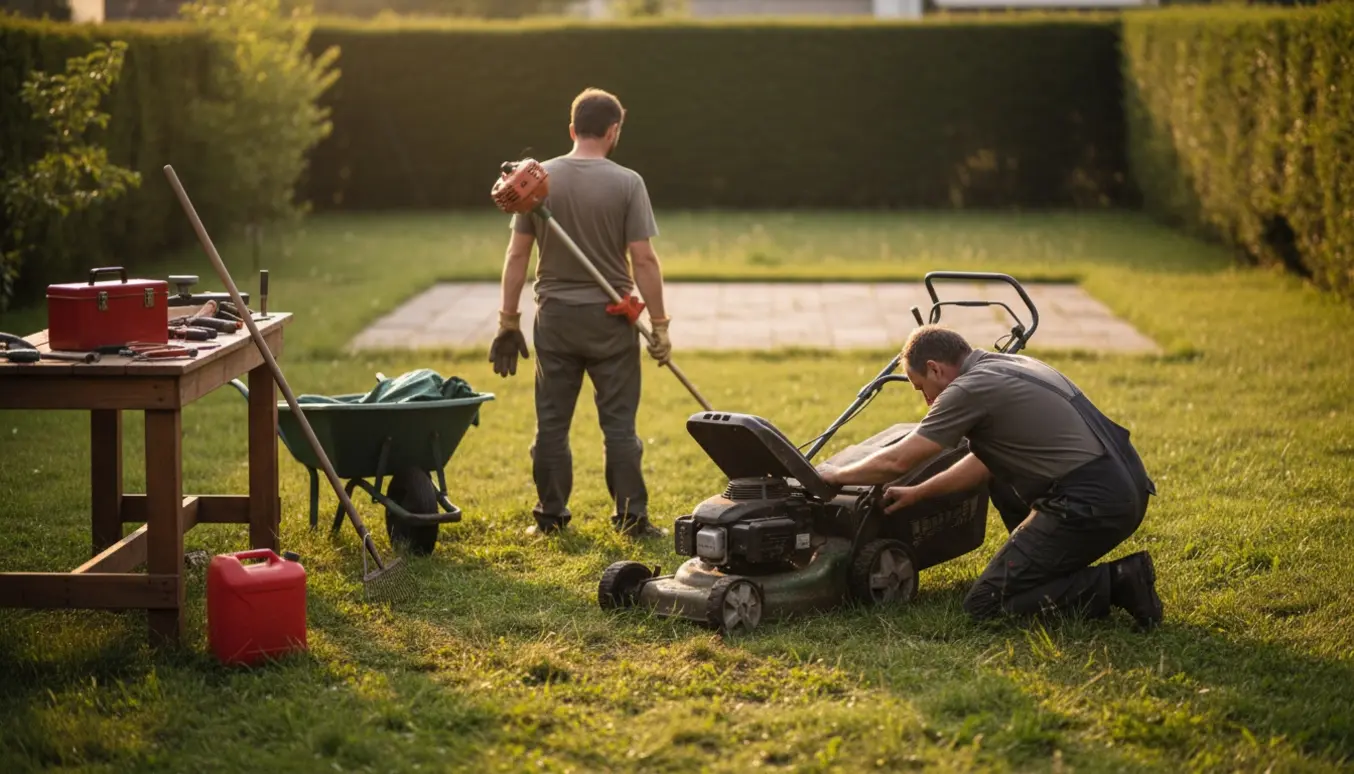 Overgroet baghave med en åben defekt plæneklipper og haverværktøj klar til hjælp.