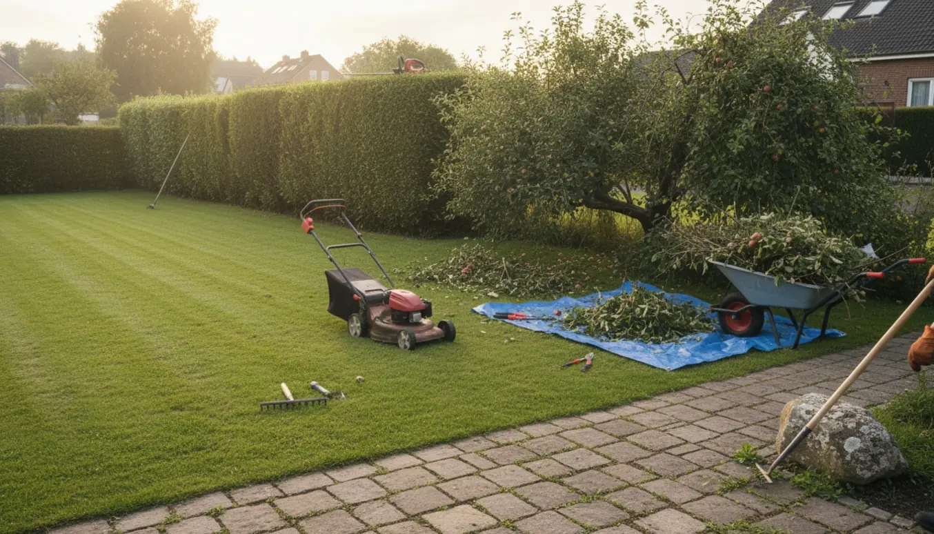 Efterårshave med nyslået græs, beskåret hæk, beskårne grene ved en stor æblebusk og ukrudt i indkørslen.