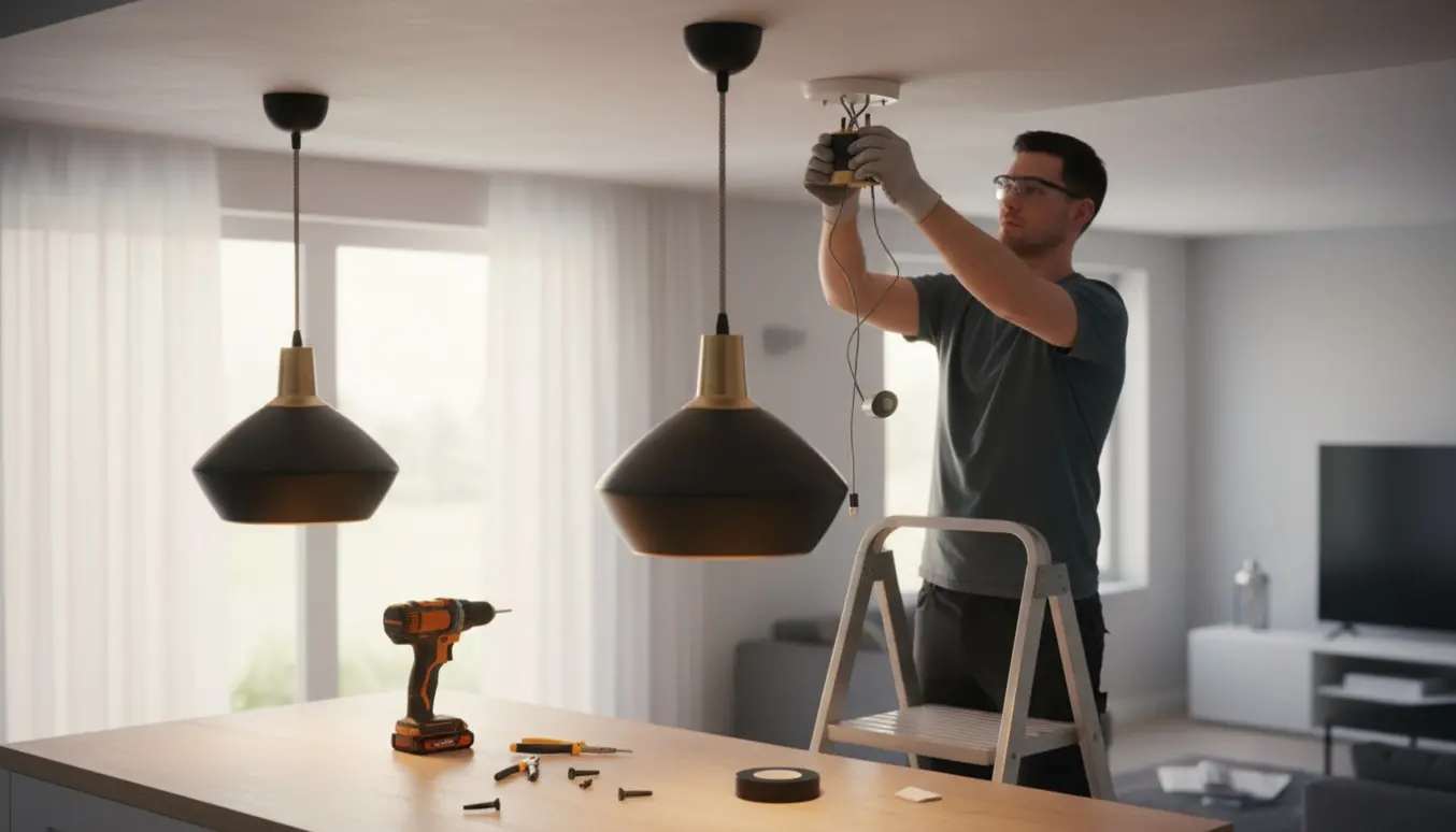 Hænder monterer to hængende lamper i loftet over et lyst køkken med værktøj ved siden af.