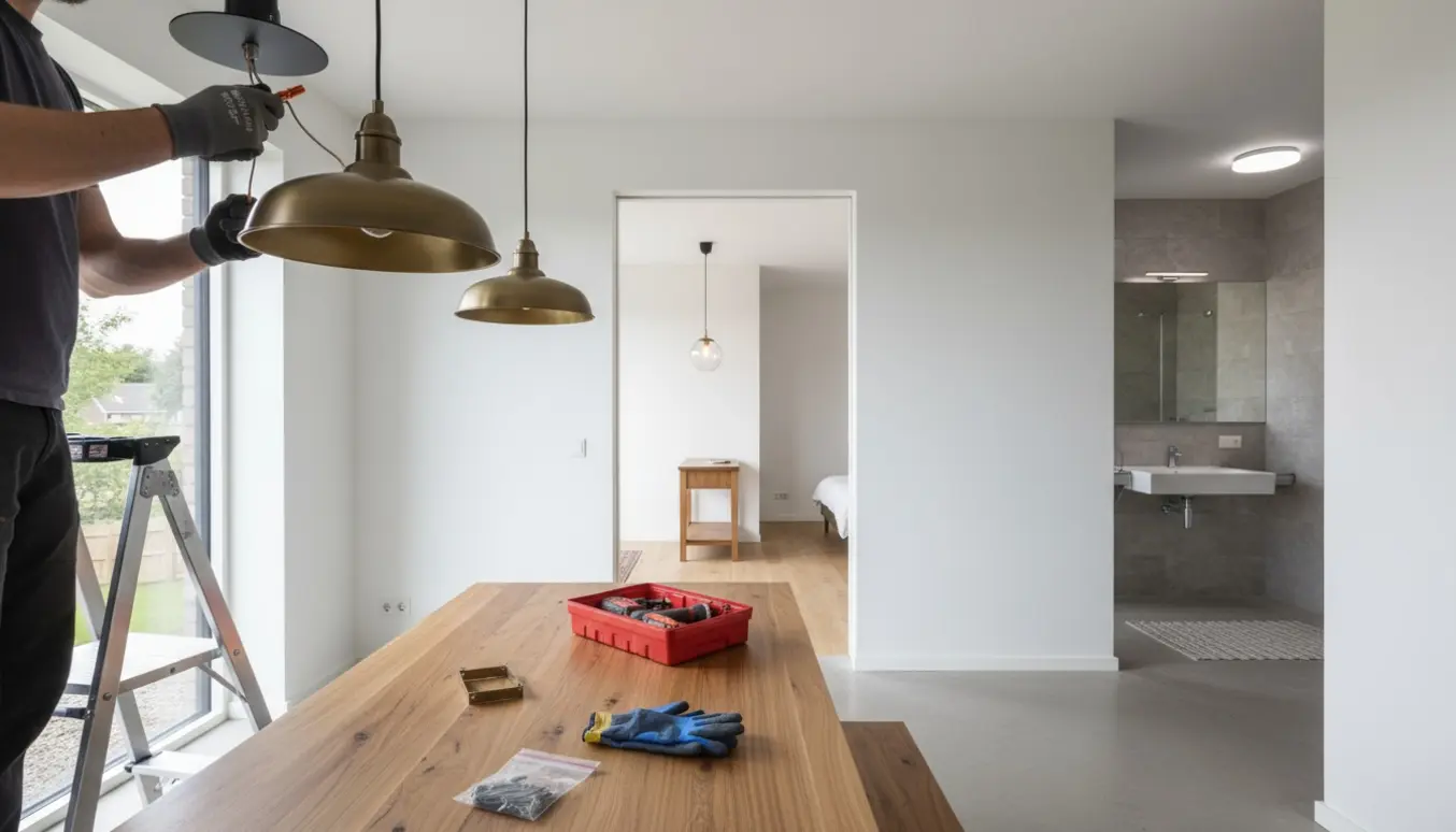 Hænder monterer en pendel over et spisebord med værktøj og nyligt opsatte lamper i baggrunden.