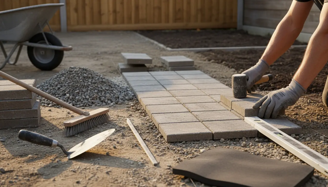 Nærbillede af en hånd, der lægger en ny række firkantede terrassefliser på en grus- og sandbund.