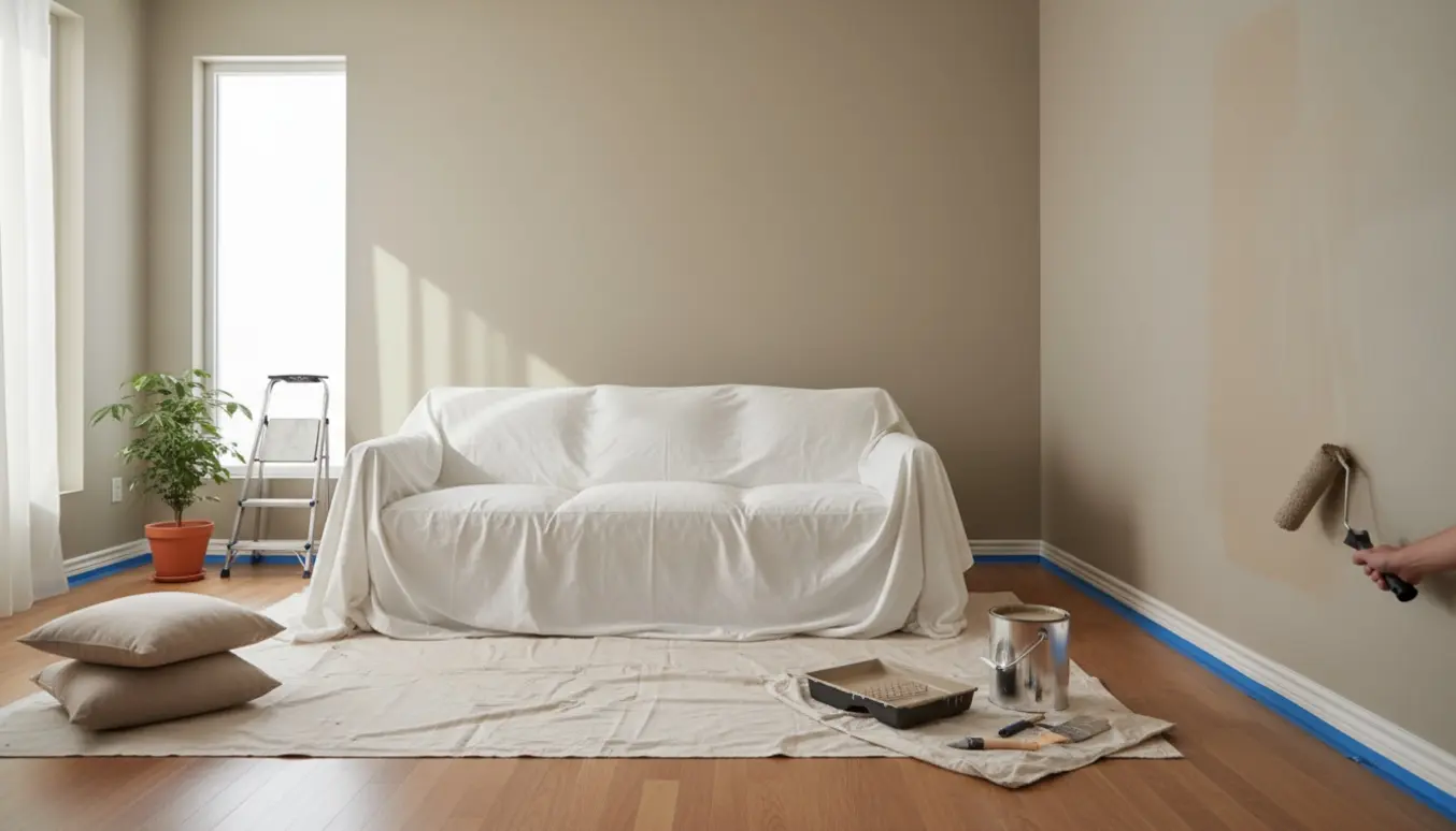 Stue under maling med en malerulle, åben malerbøtte og beskyttet sofa, væg i varm grå-beige.