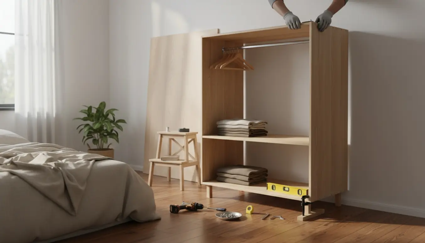 Delvist monteret garderobeskab i soveværelse med værktøj og manglende bagbeklædning.