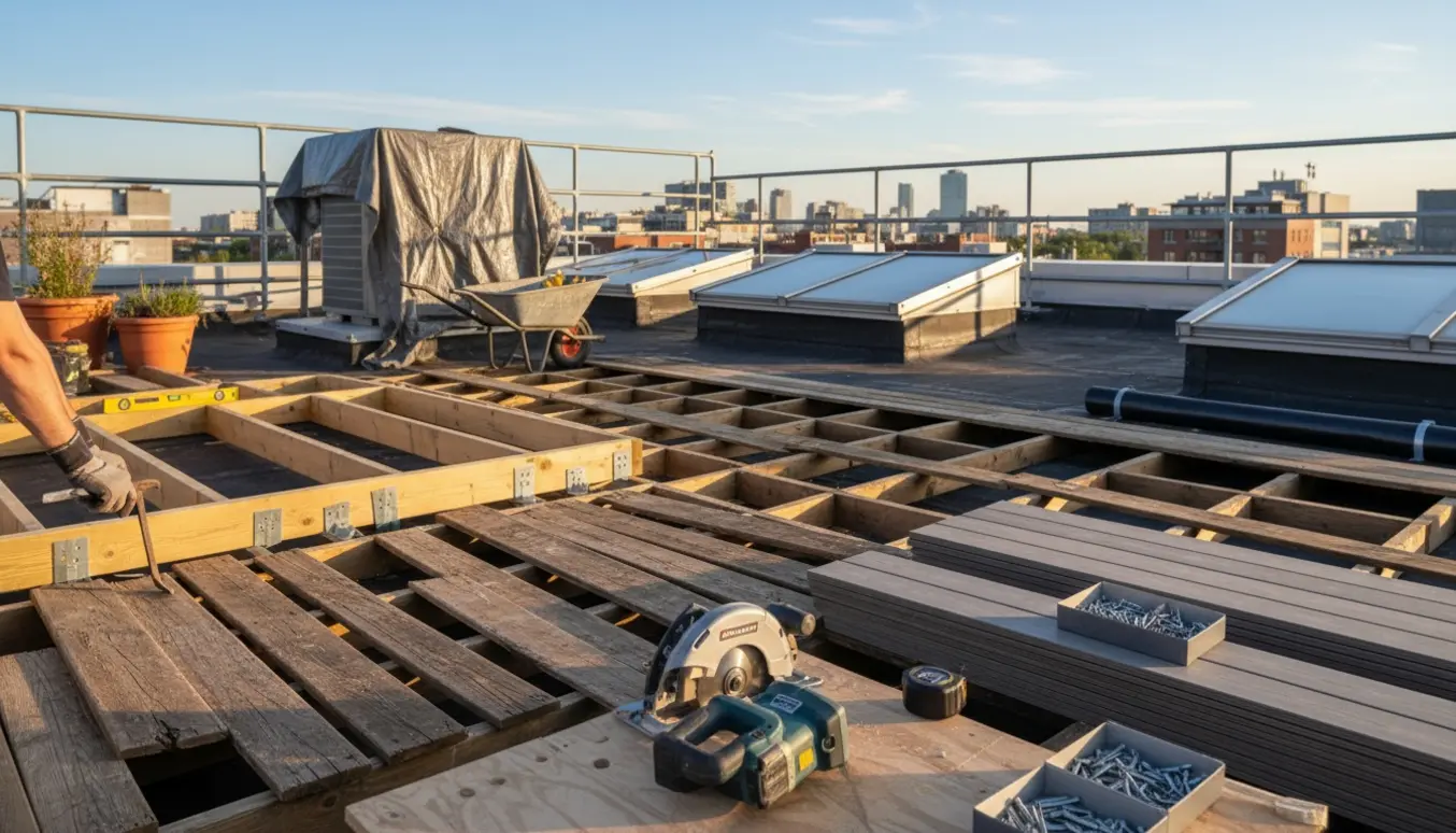 Renovering af tagterrasse med delvist fjernet gammelt dæk, nye brædder og værktøj på taget.
