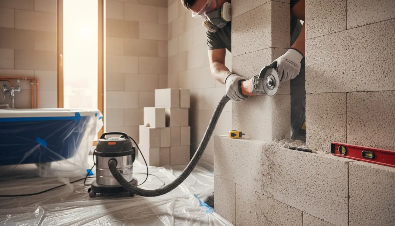 Håndværker skærer et rektangulært hul i en gasbetonvæg i et badeværelse med værktøj og støv omkring.