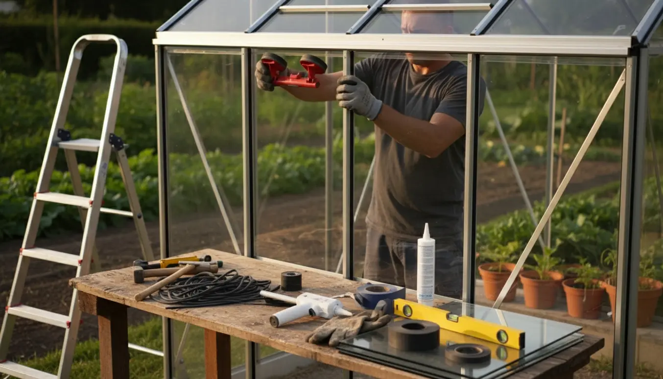 Handværker monterer glas i et næsten færdigt drivhus med sugekop og værktøj i haven.