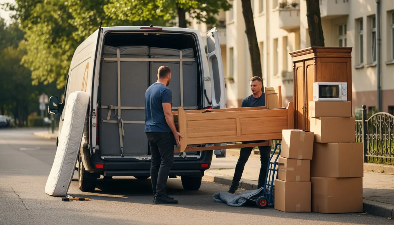 Flyttefolk læsser dobbeltseng, garderobe, mikroovn og omkring ti flyttekasser i en flyttebil på en solrig gade.