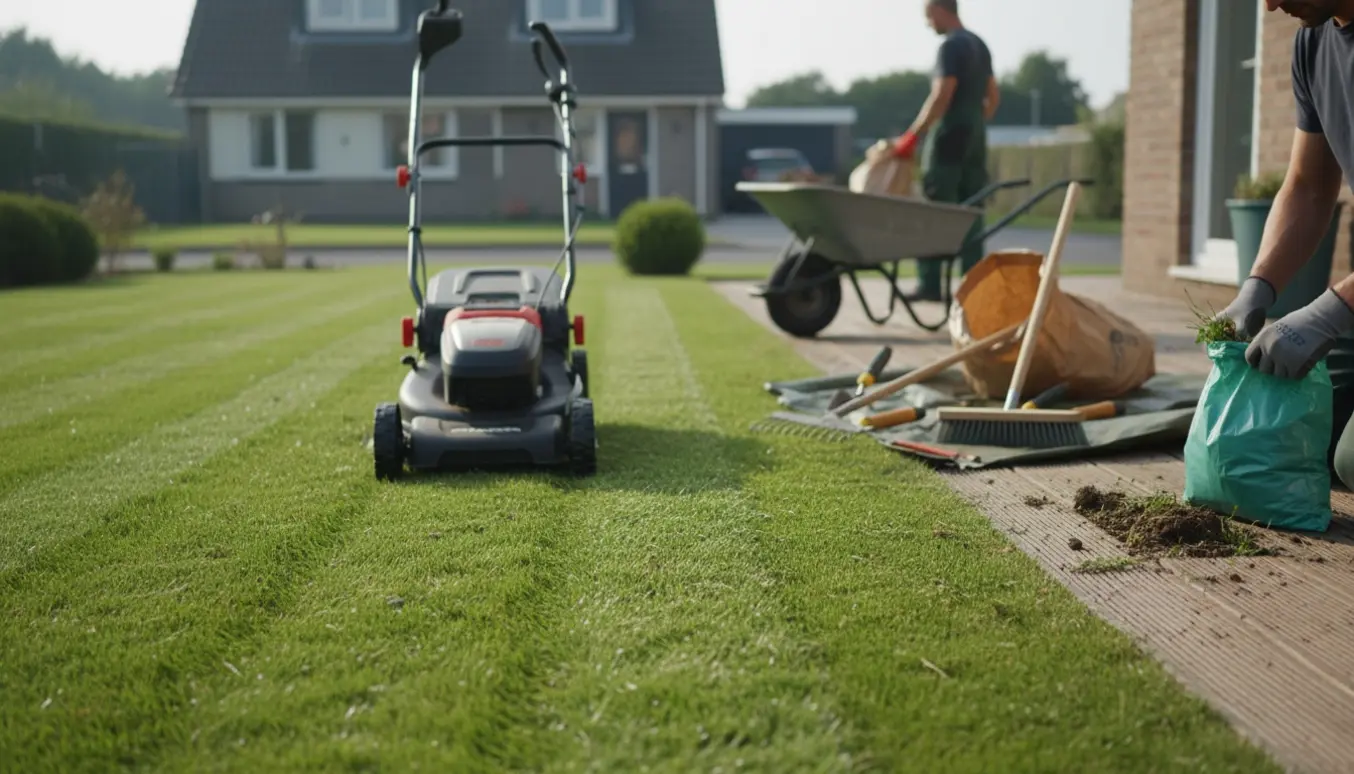 Plæneklipper i arbejde og hænder, der fjerner ukrudt fra en træterrasse med haveredskaber ved siden af.