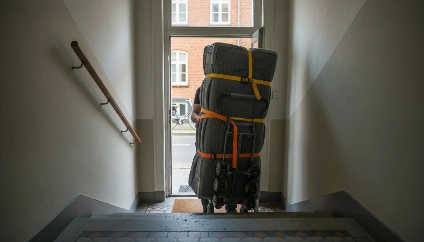 Køleskab flyttes stående i en dansk opgang med sækkevogn, stropper og flyttebetræk.