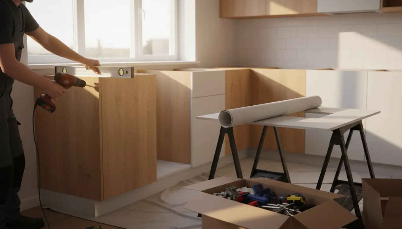 Hænder monterer modulære køkkenskabe med boremaskine og vaterpas i et lyst køkken.