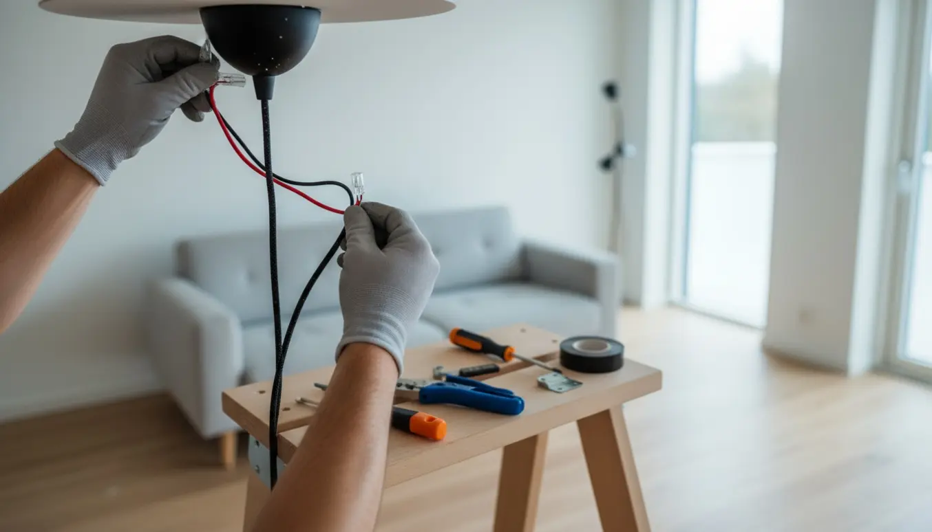 En person på en stige monterer en hængelampe i loftet med værktøj og ledninger synlige.