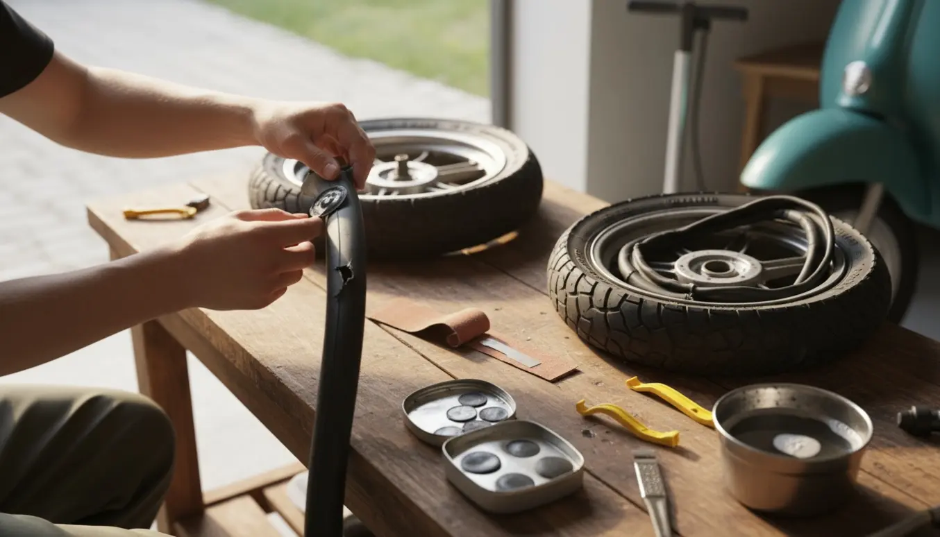 Hænder lapper forhjulene på to løbehjul med lappekit på et sollyst arbejdsbord.