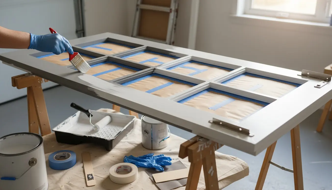 En indvendig glasdør på bukke, maskeret med malertape, med hvid maling og handsker klar til maling.