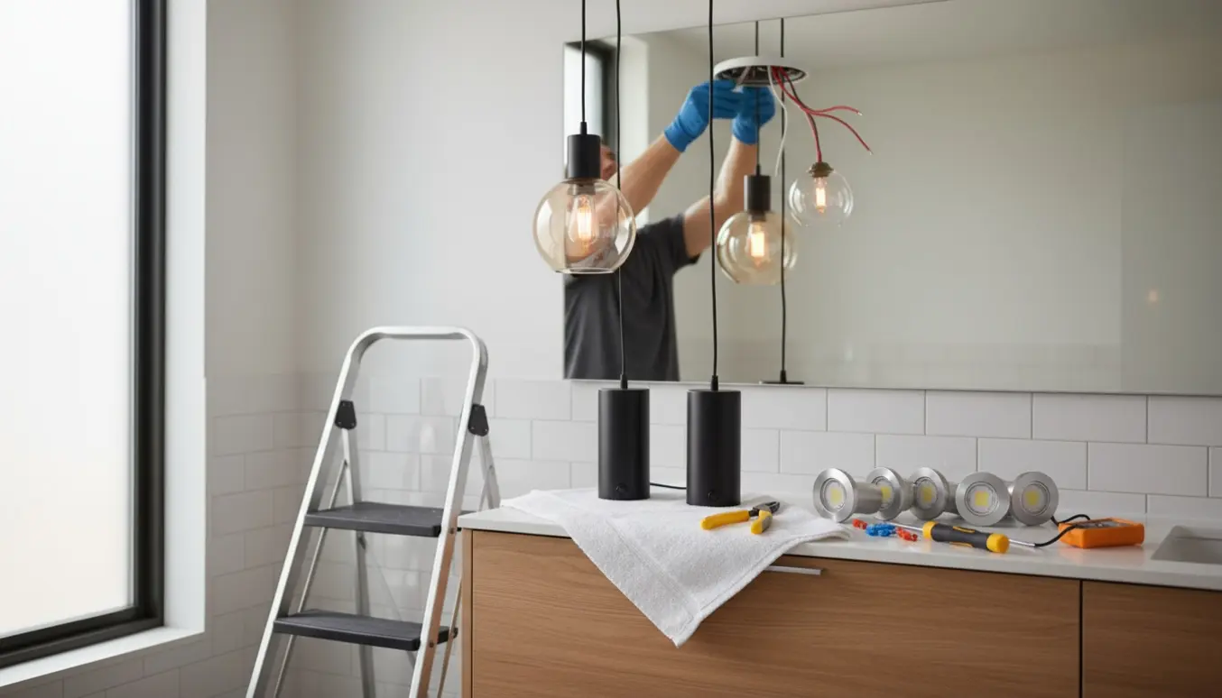 Hænder på en stige flytter en lampe i et badeværelse med værktøj og nye spots klar til installation.