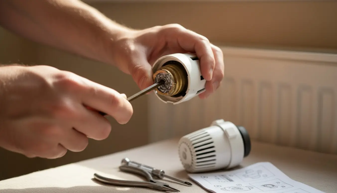 Nærbillede af hænder, der fjerner en gammel termostat fra en radiator med en umbraconøgle, mens en ny click-on-termostat ligger klar.