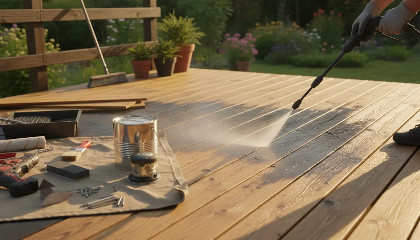 Terrasse under renovering med mørke gamle brædder og nyligt rensede, lyse planker samt værktøj.