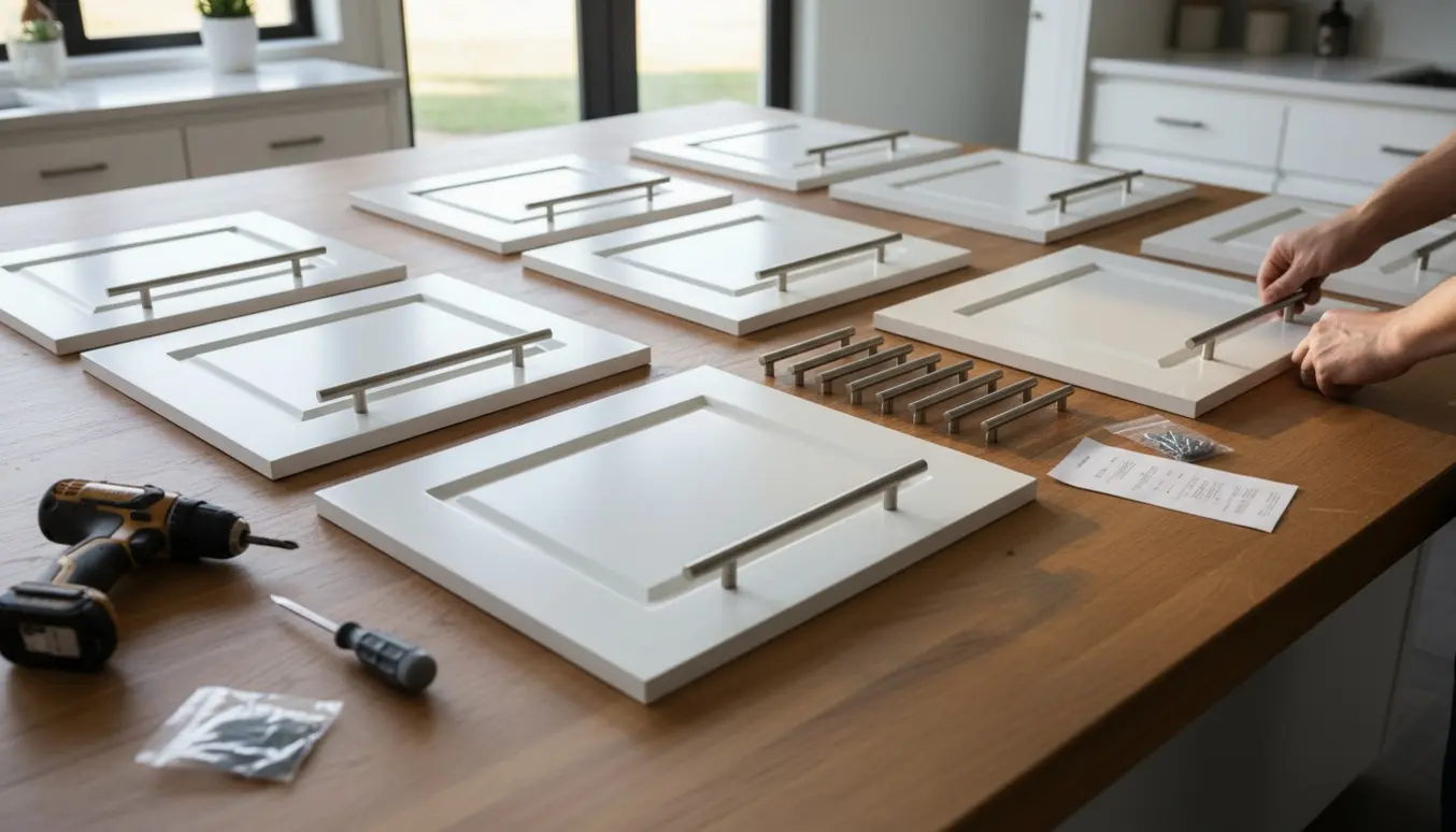 Otte køkkenlåger på en køkkenø med moderne metalgreb og værktøj til montering.