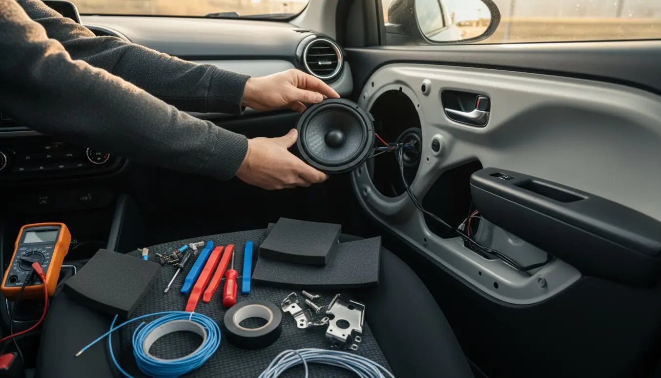 Nærbillede af en kompakt bilinteriør (Citroën C1-lignende), hvor hænder monterer nye højtalere med værktøj og løse kabler.