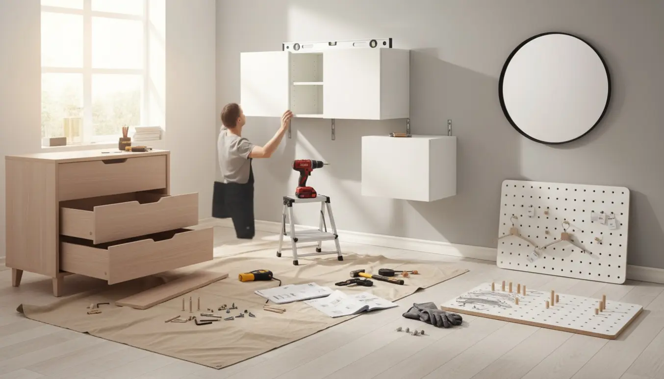 Delvist samlet IKEA-møbler i en lys stue med værktøj og et Bestå-vitrineskab monteret på væggen.
