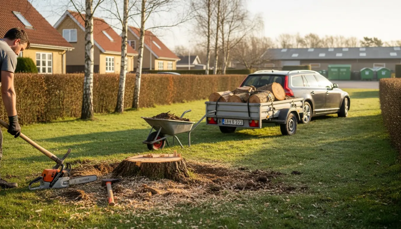 Trailer med brænde og en person i handsker, der fjerner en træstub i en solrig dansk have.