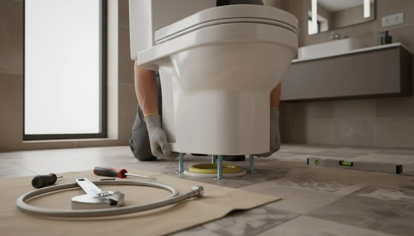 Håndværker monterer et forhøjet toilet i et lyst badeværelse med værktøj omkring.