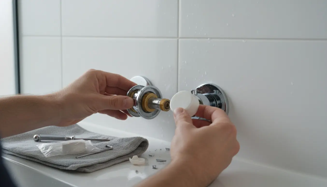 Nærbillede af hænder, der udskifter et knækket dæksel på varmejusteringshåndtaget på et krombrusearmatur med nyt dæksel og værktøj.