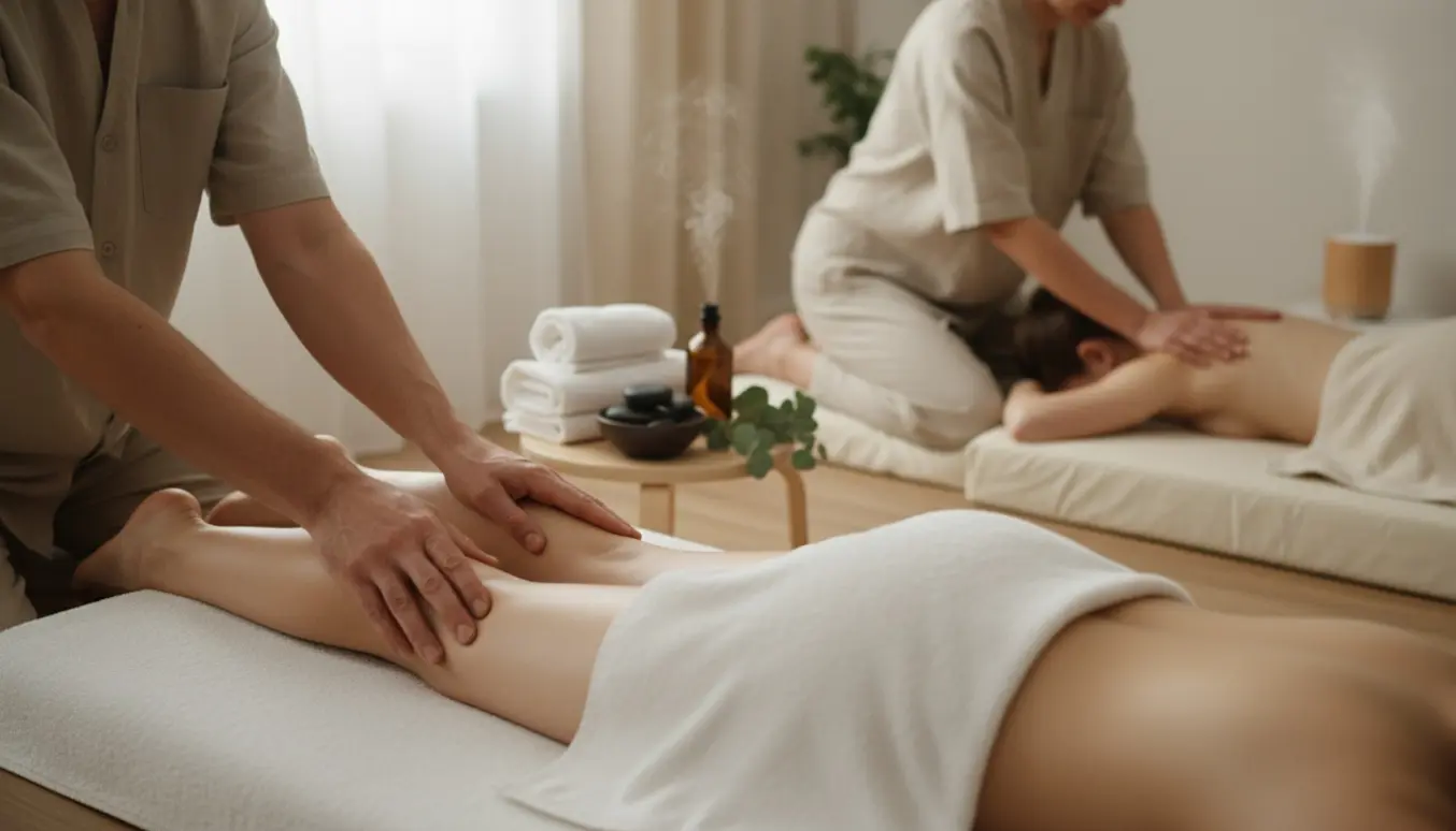 To personer får massage i et roligt, lyst rum med fokus på hænder, læg, ryg, nakke og baller.