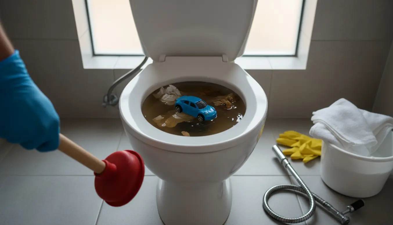 Et stoppet toilet med toiletpapir, afføring og en lille plastikgenstand i skålen, mens en handske-beklædt hånd holder en sugekop.