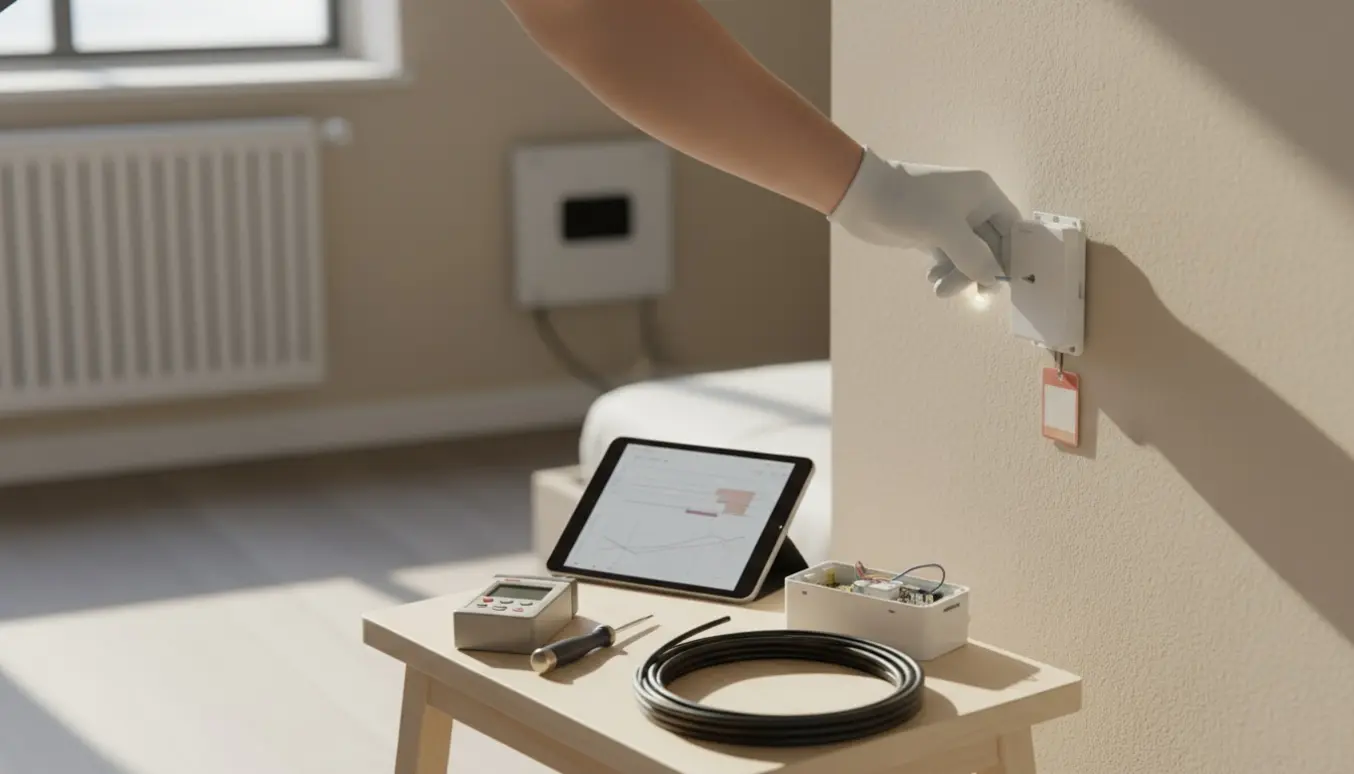 Hænder monterer og kalibrerer en ny Wavin-stil rumføler ved en radiator med værktøj og en tablet ved siden af.