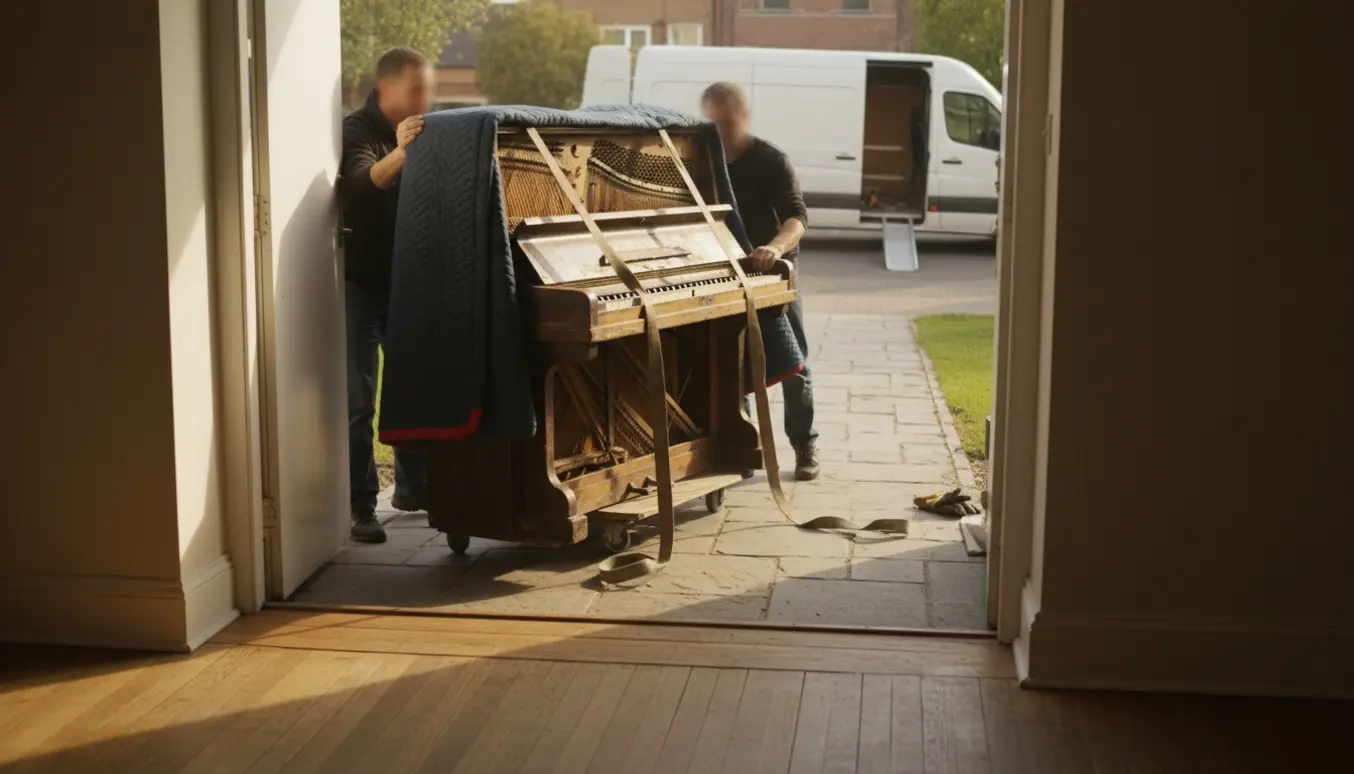 Gammelt klaver med beskadiget jernramme bæres ud af stue, ned ad trapper og hen mod en varevogn.