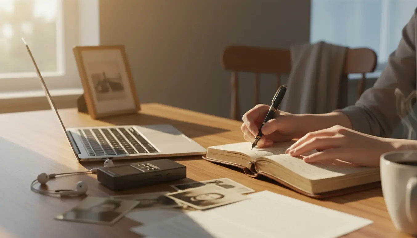 En person transskriberer personlige oplevelser ved et soloplyst skrivebord med bærbar, notesbog, diktafon og gamle fotografier.