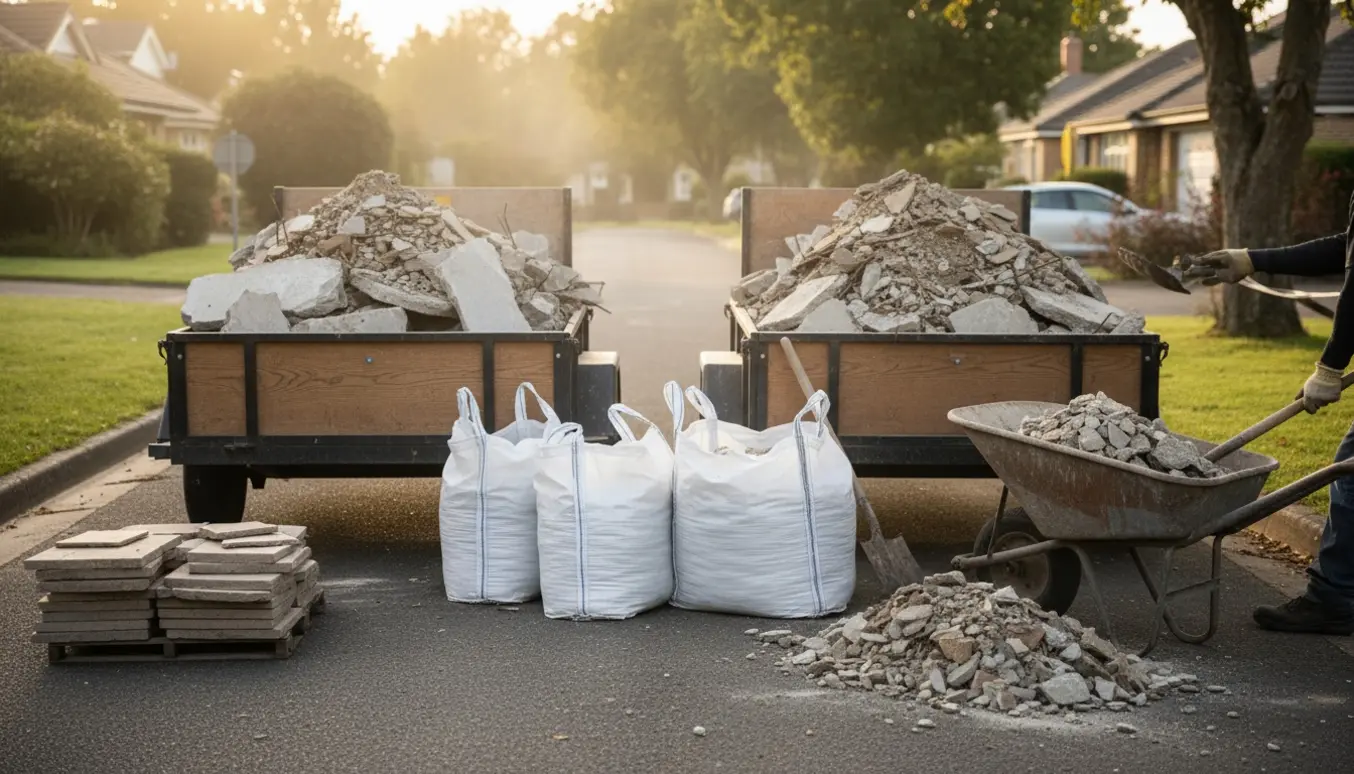 Trailer med betonaffald, knust flise og fire tomme bigbags ved fortovet efter fliseprojekt.