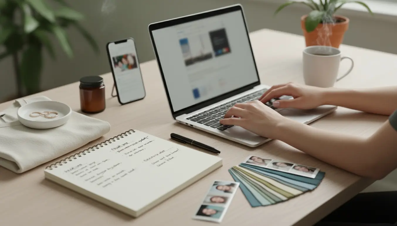 Hænder skriver webshop-tekst ved en lys, ryddelig hjemmekontorplads med laptop, notesbog og produktprøver.