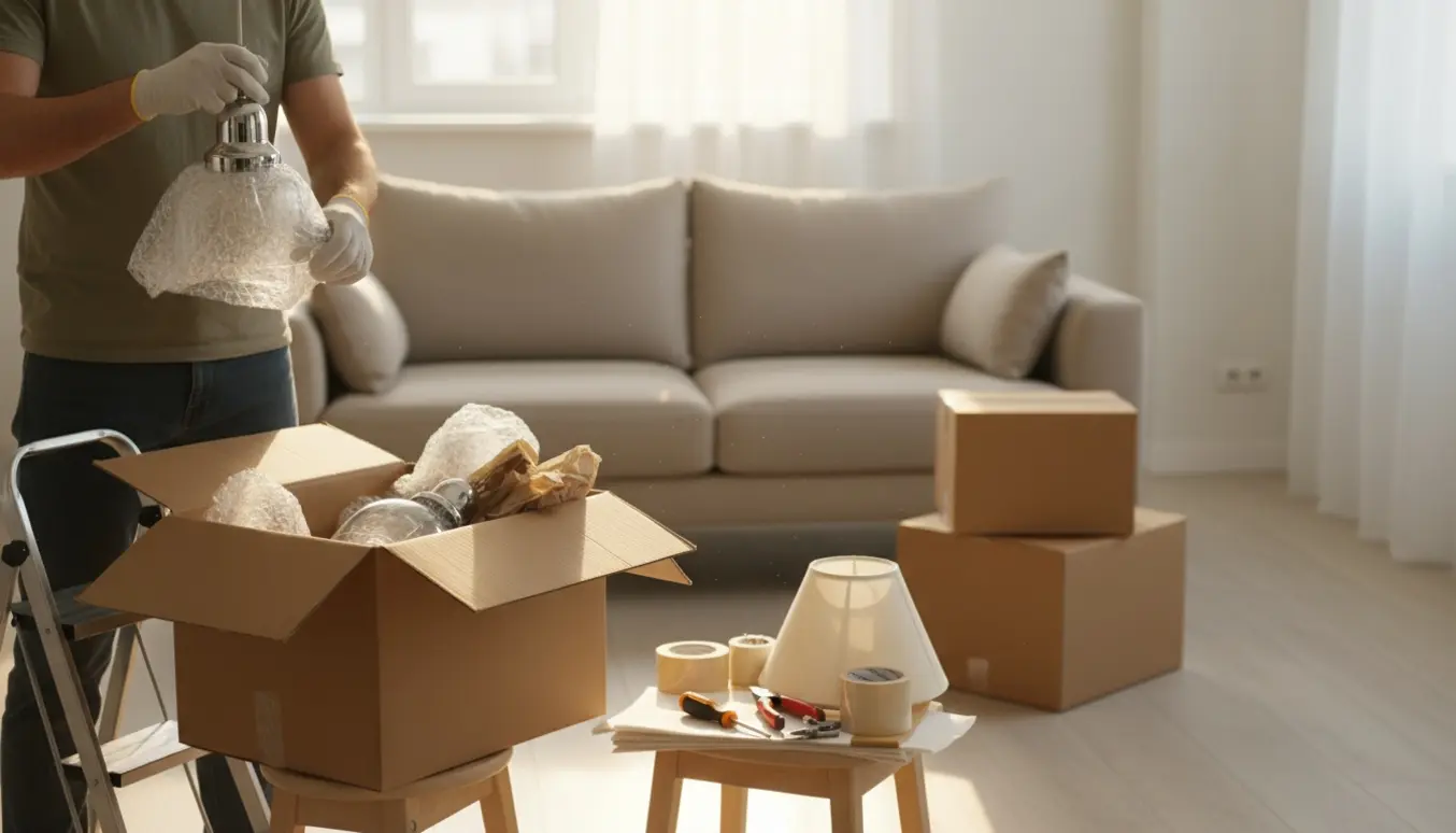 En person tager en pendel ned og pakker den i bobleplast ved åbne flyttekasser.