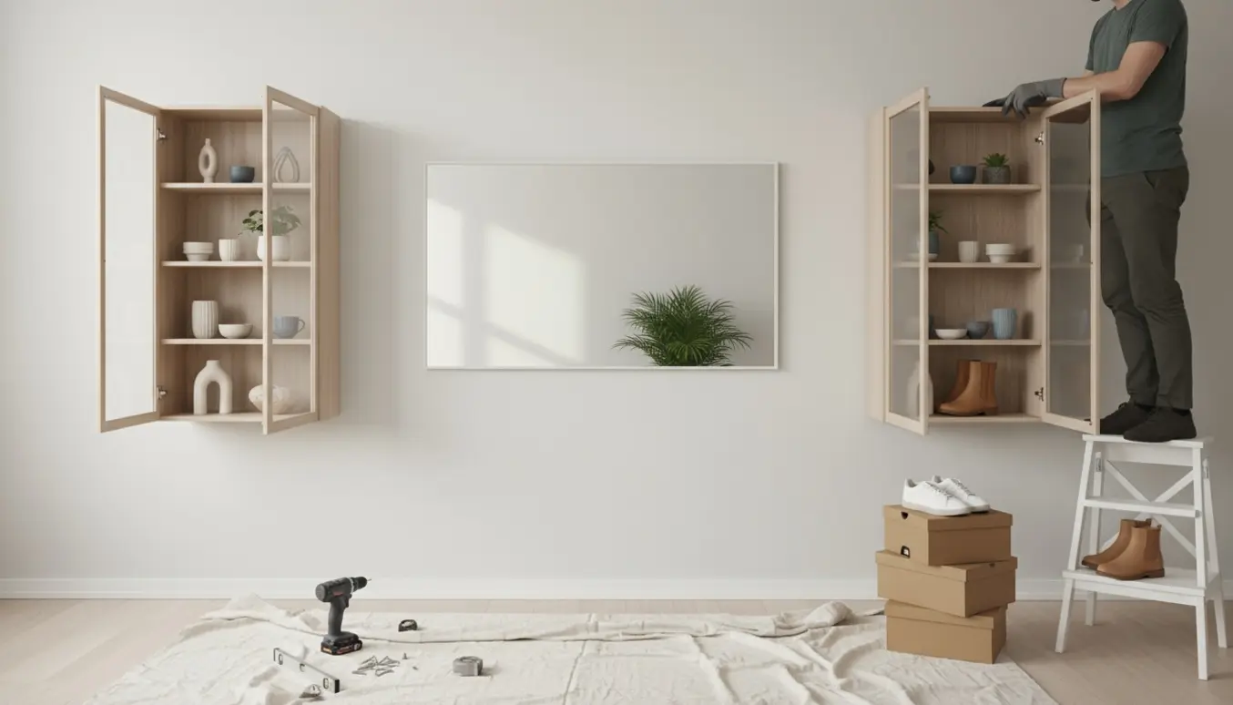 Lyst stuehjørne med to vitrineskabe, fire fladpakkede skokasser og et spejl under montering.