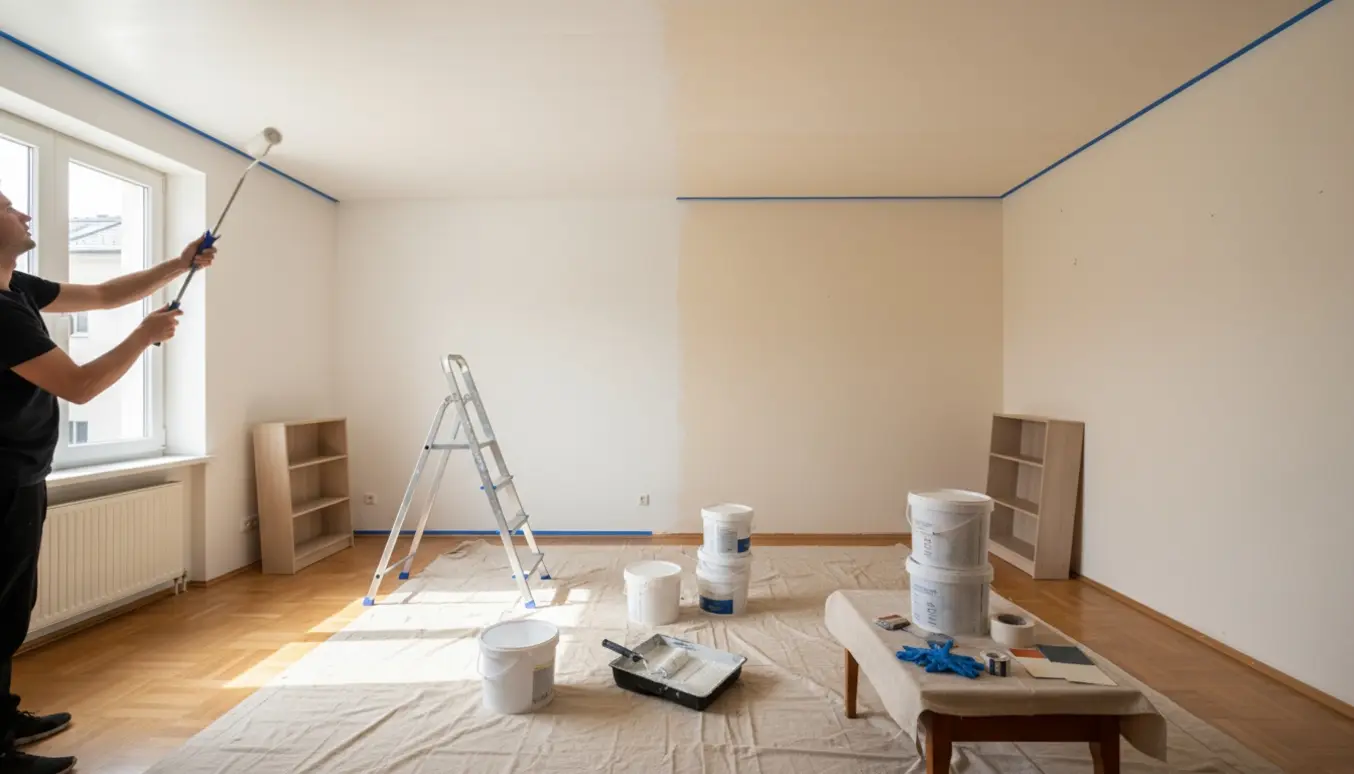 En maler, beskåret ved skuldrene, ruller maling på loftet i en lille lejlighed med malerbøtter og afdækning på gulvet.