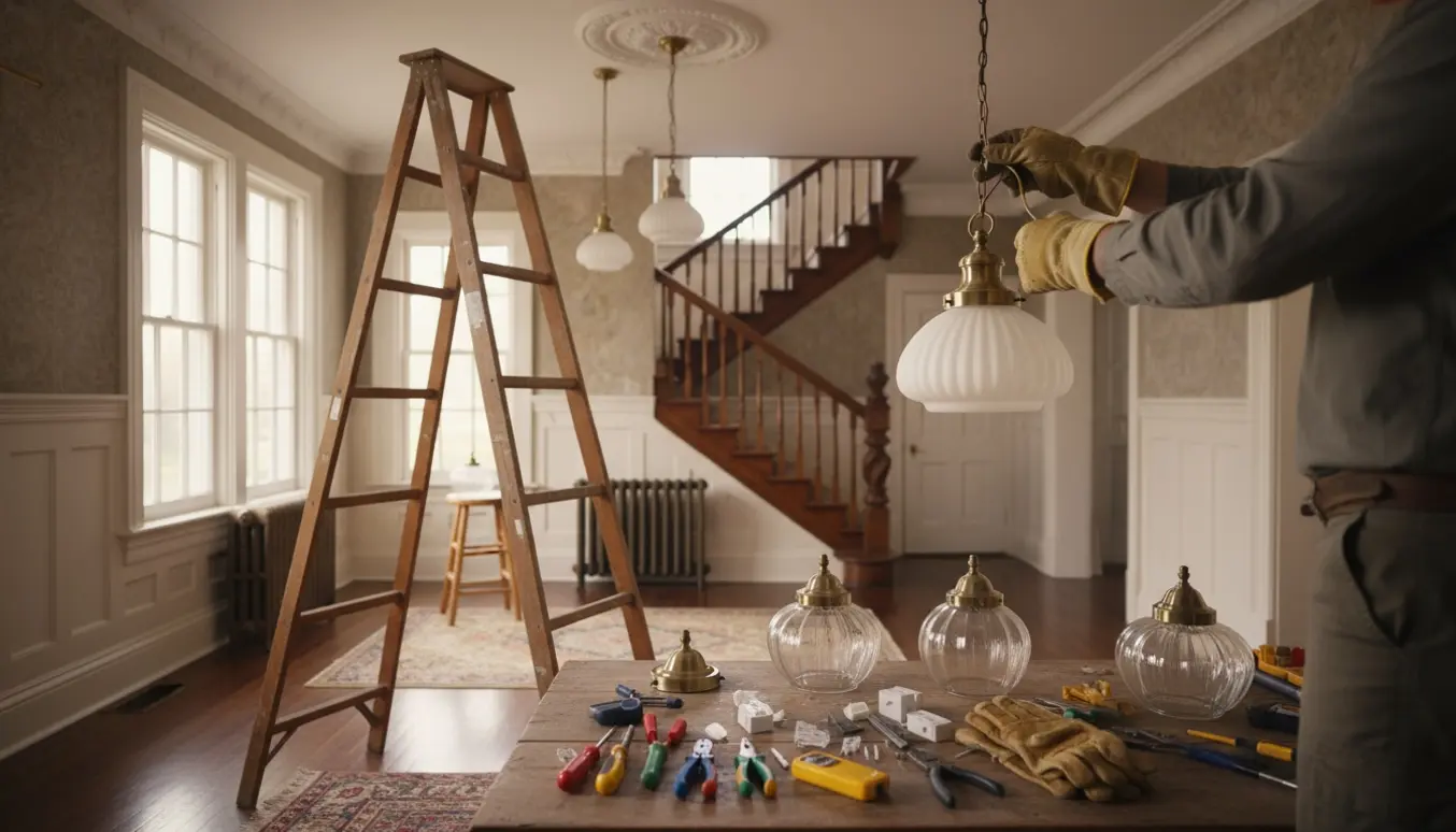 Montør hænger en loftslampe i et ældre hus med værktøj og flere lamper fremme.