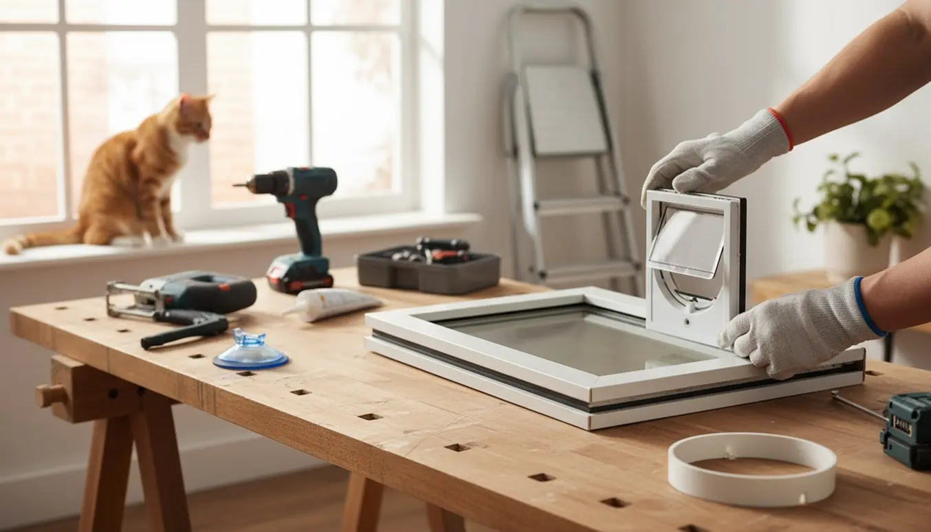 Installatør holder en brugt kattelem og adapter foran et vindue med 3‑fags glas, værktøj på arbejdsbordet og en kat i vindueskarmen.